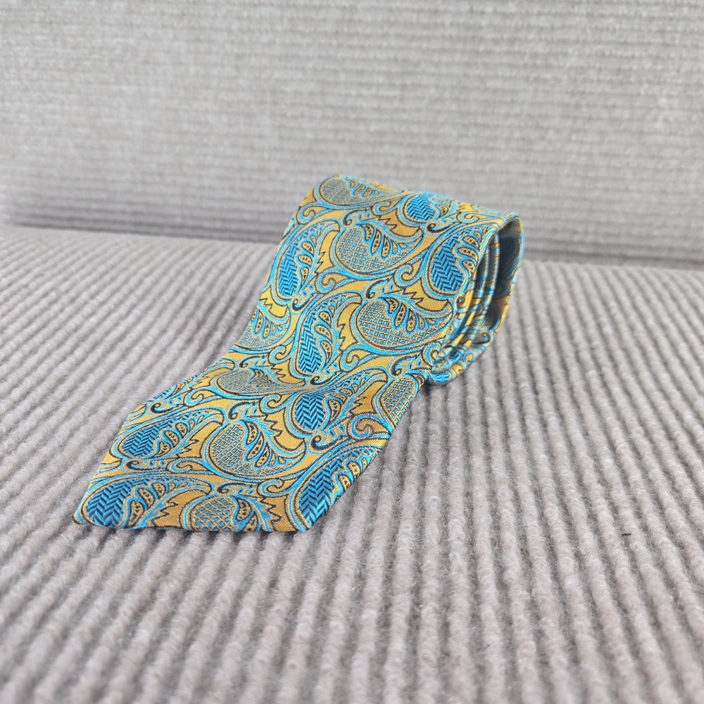KerFado Mens Gold Turquoise Paisley Hand Made Woven Necktie